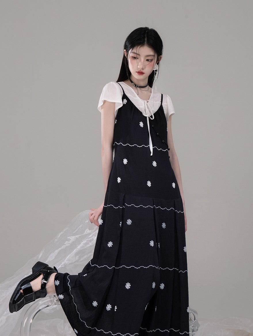 V-neck Shirt+Pleated Black Printed Dress COT0302