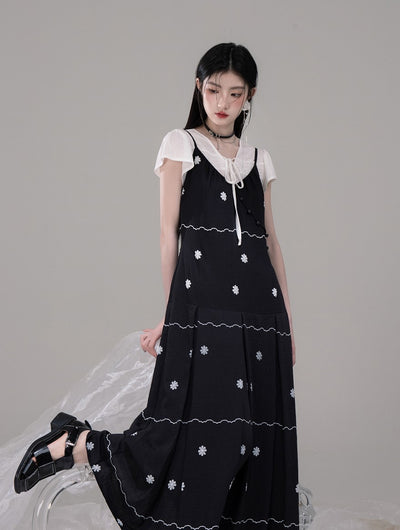 V-neck Shirt+Pleated Black Printed Dress COT0302