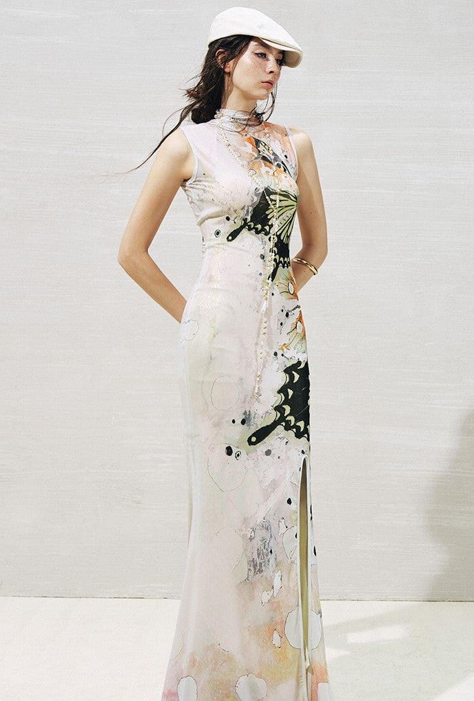 Butterfly Print Slit Dress OFA0273