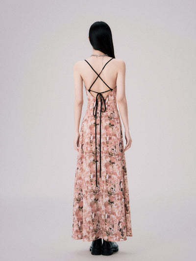 Apricot Pink Floral Swing Collar Backless Suspender Dress LUL0060