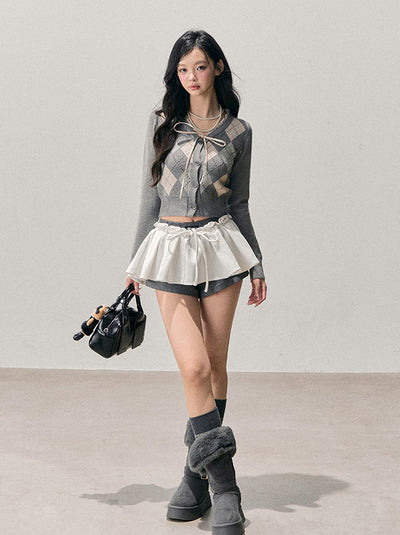 French Argyle Knitted Short Cardigan DIA0763