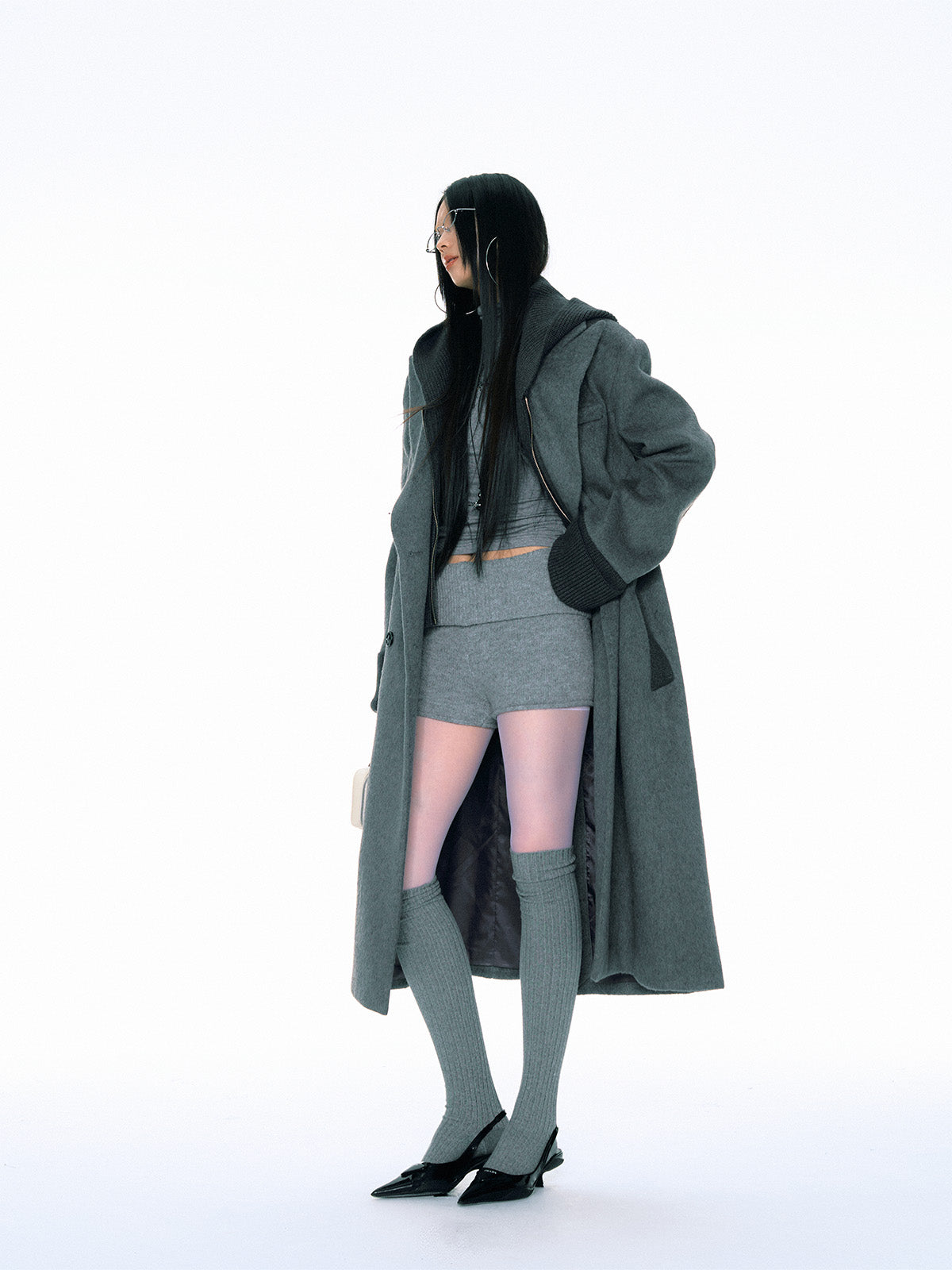 Retro Fake Two-piece Ribbed Splicing Removable Hooded Wool Coat CUR0155