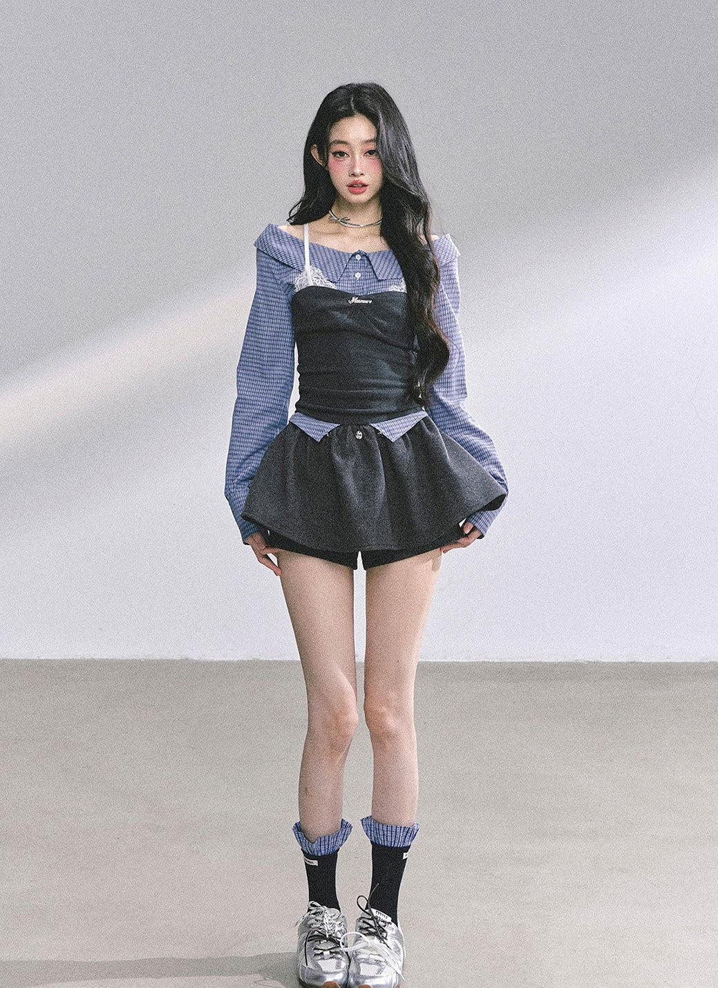 Fake Two-piece Plaid Lace Shirt DIA0573