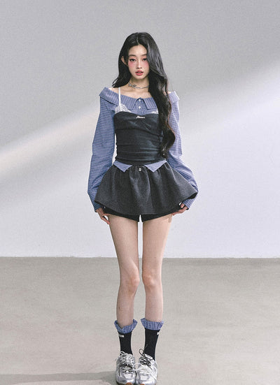Fake Two-piece Plaid Lace Shirt DIA0573