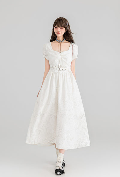 French Belt White Jacquard Square Collar Long Dress KEI0100