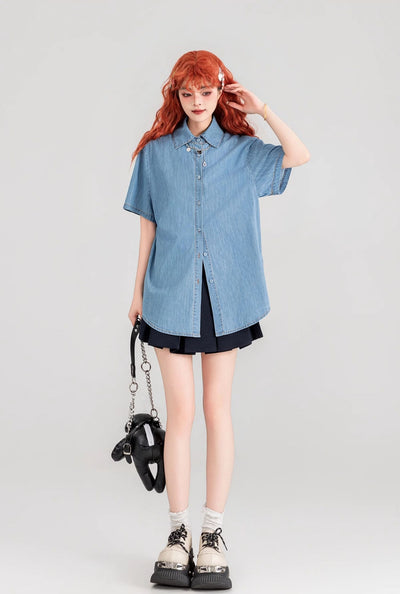 Two-piece Short-sleeved Thin Denim Shirt/Lace-up Vest KEI0088