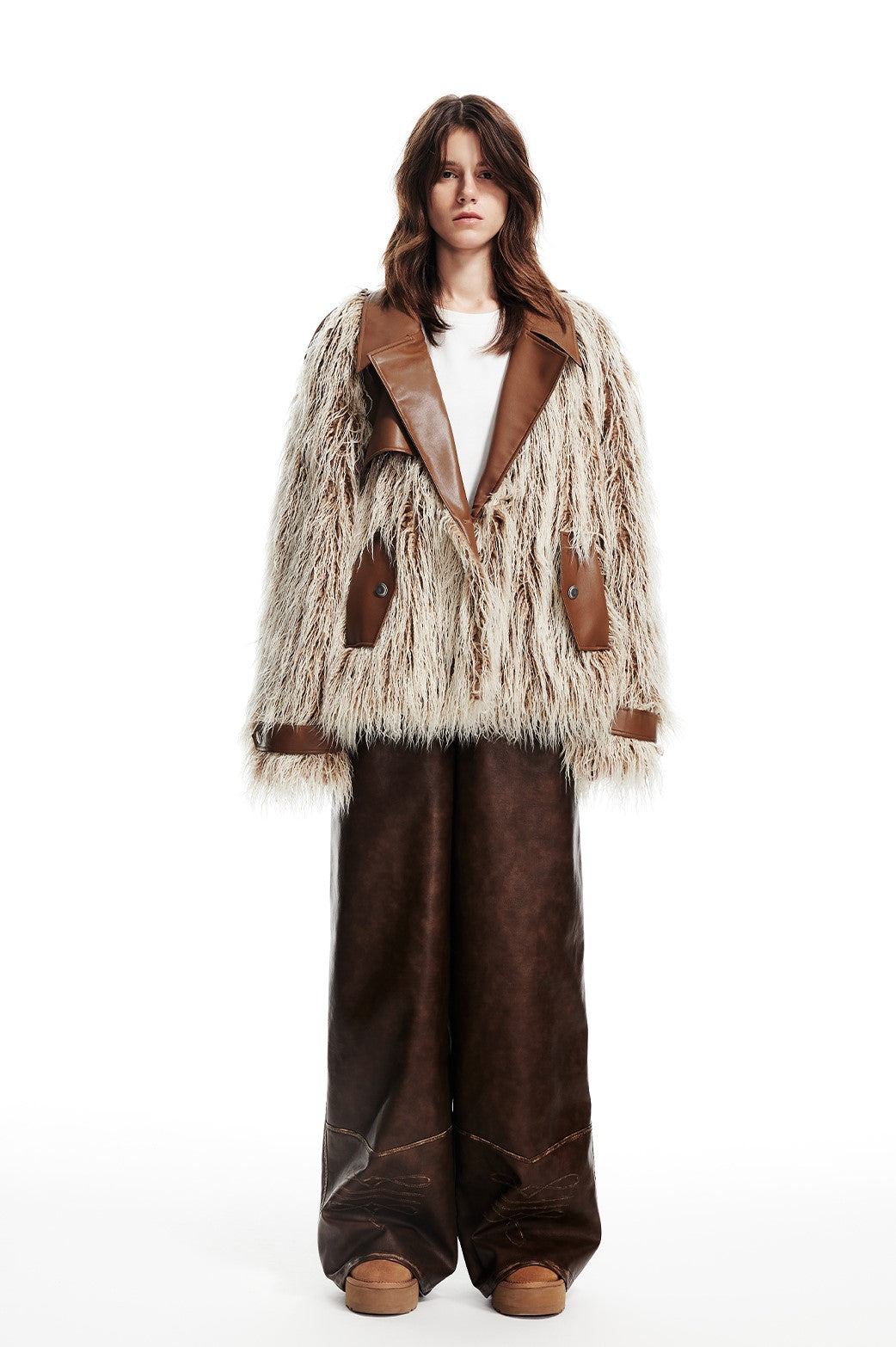 Retro Brown Contrasting Leather Fur Jacket WES0130