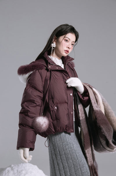 Burgundy Red Fur Ball Short Down Jacket COT0190