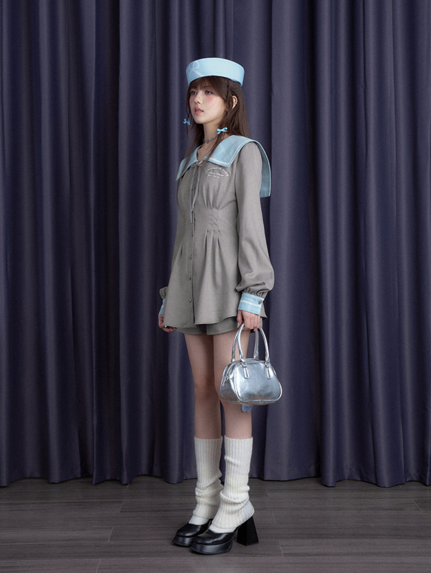 Gray-blue Sailor Collar Waist Dress/Shorts SAG0191