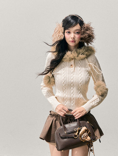 Fur Hooded Cable Knit Sweater DIA0768