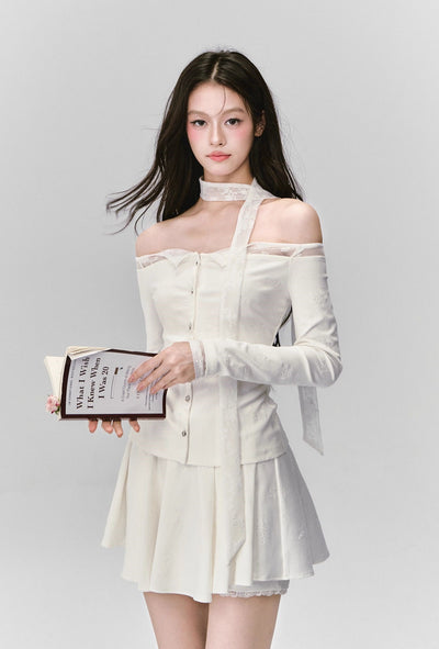 White Lace One-Shoulder Top/Embroidered Skirt FRA0415
