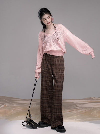Pink Hollow V-neck Knit+Halter Neck Top COT0345