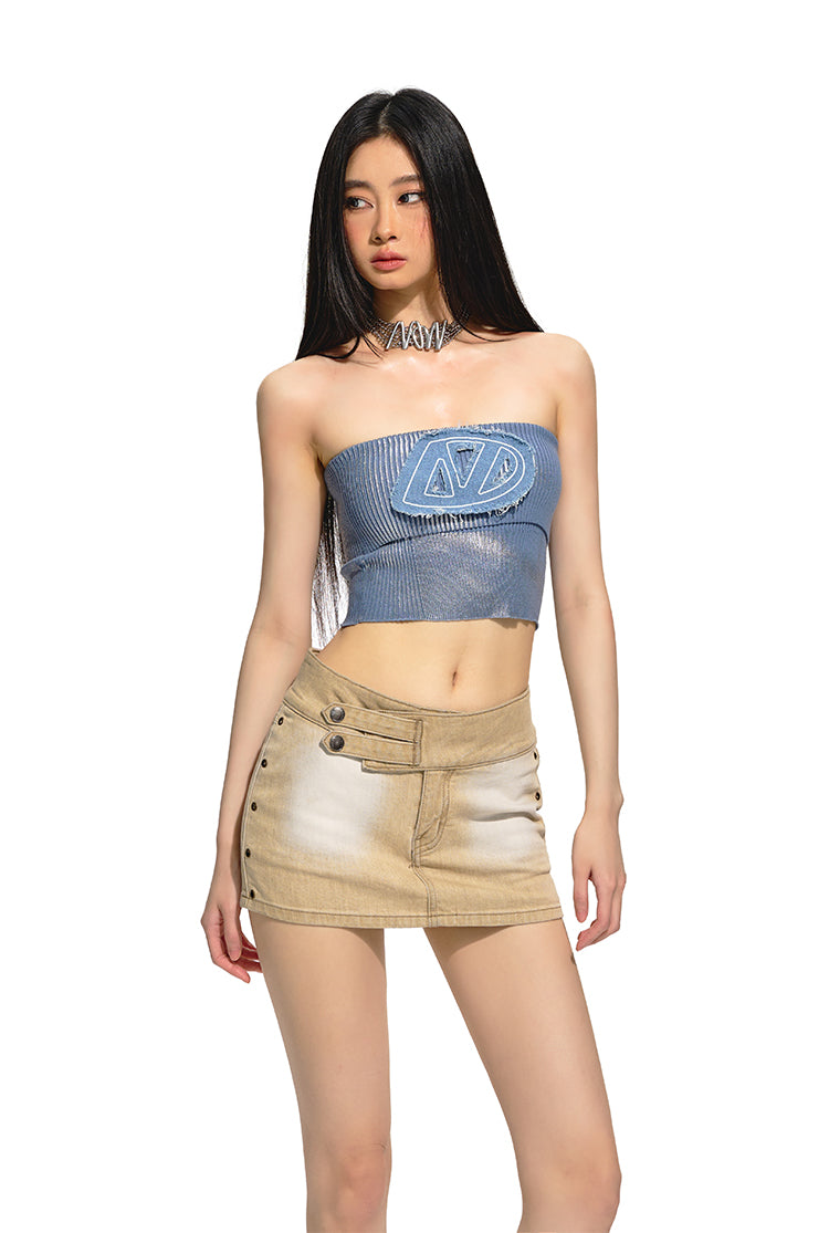 Tight Brushed Silver Denim Embroidered Knit Short Tube Top NOT0193