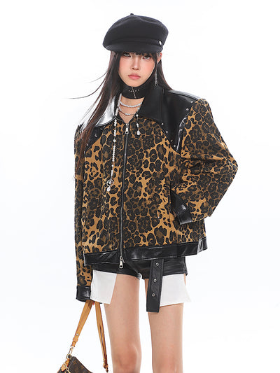 Wild Leopard Design Leather Lapel Zipper Jacket UNC0189