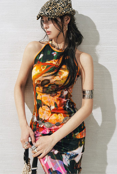 Plant Floral Print Side Slit Dress OFA0267