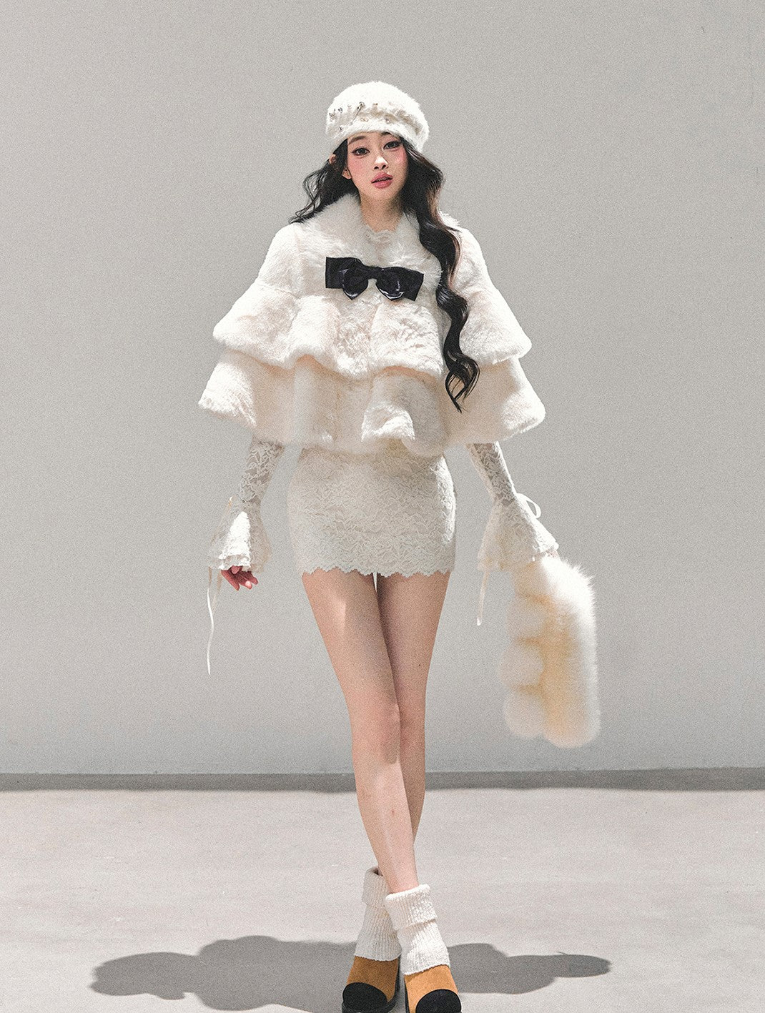 French-style Plush Ribbon Cape Coat DIA0674