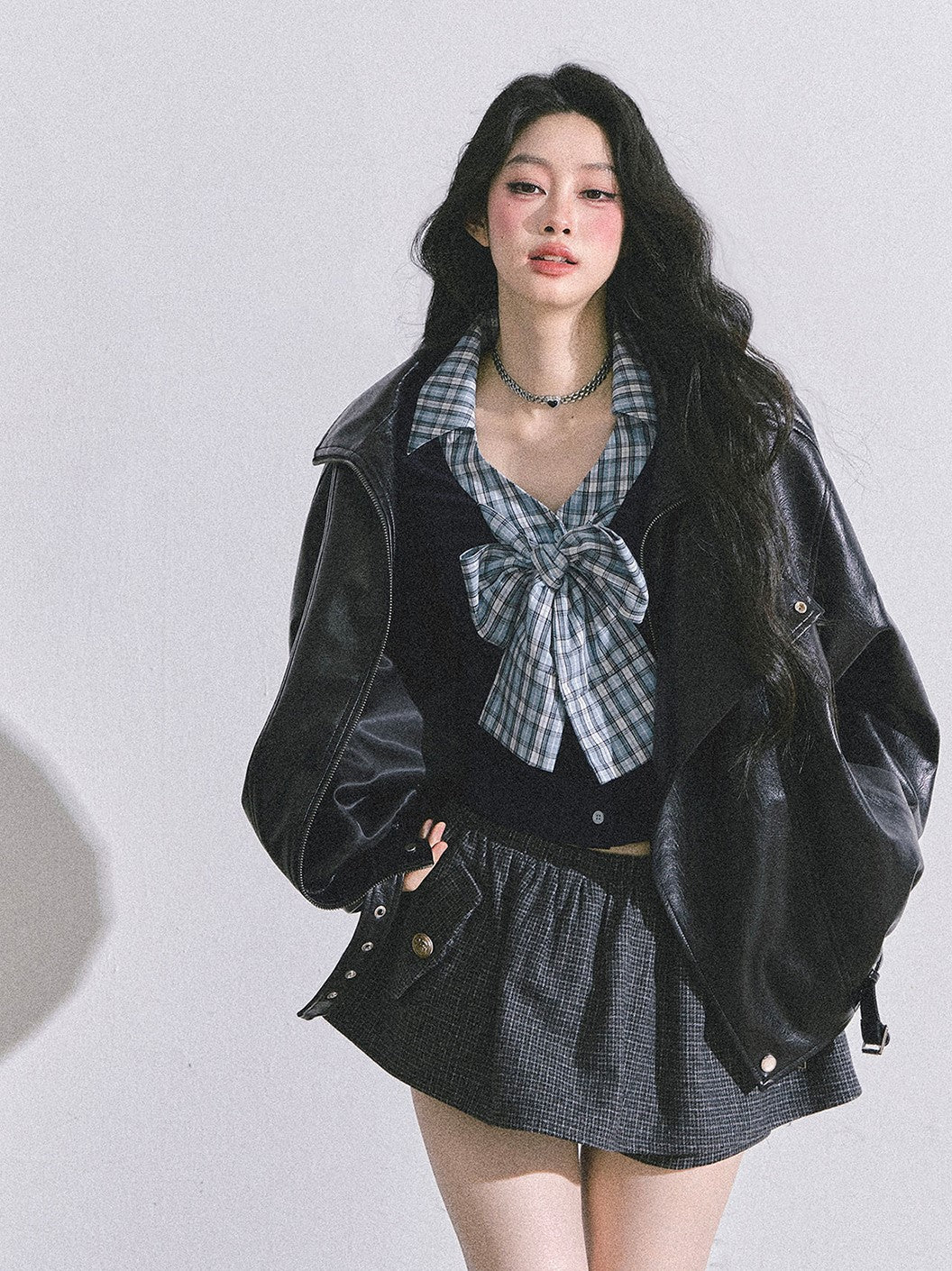 Fake Two-piece Bow Plaid Shirt DIA0599