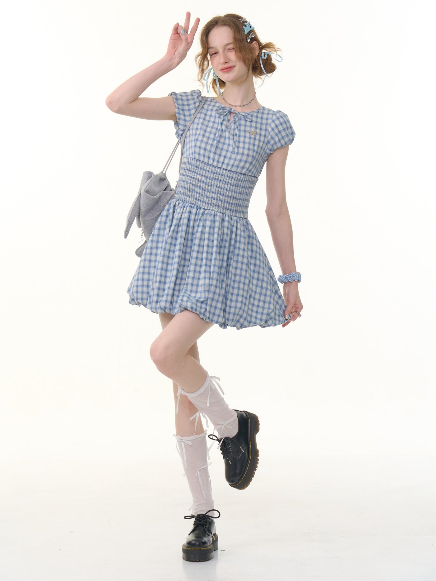 Retro Blue Plaid Puff Sleeve Dress ZIZ0288