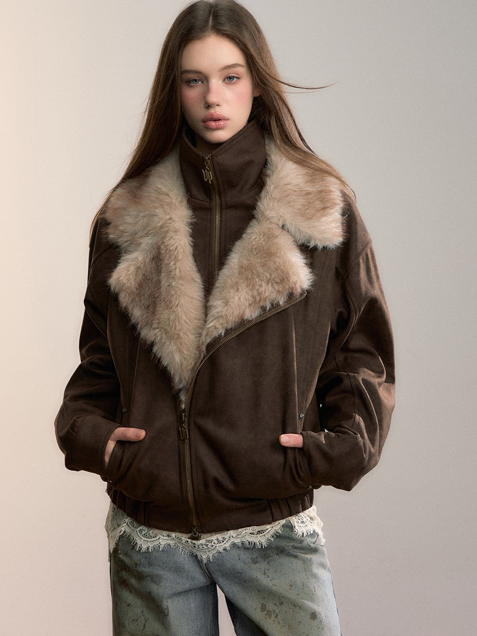 Loose-fitting Faux Two-Piece Fur Collar Jacket VIA0353