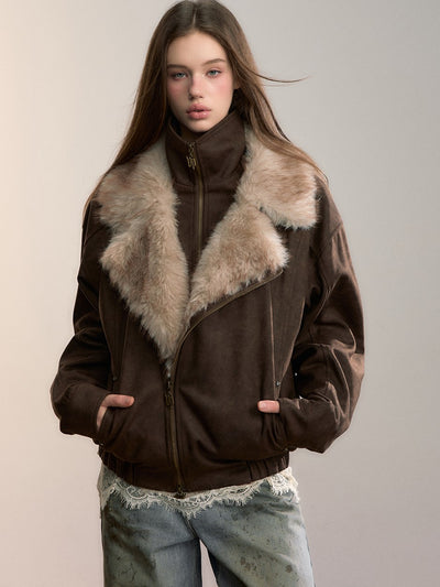 Loose-fitting Faux Two-Piece Fur Collar Jacket VIA0353