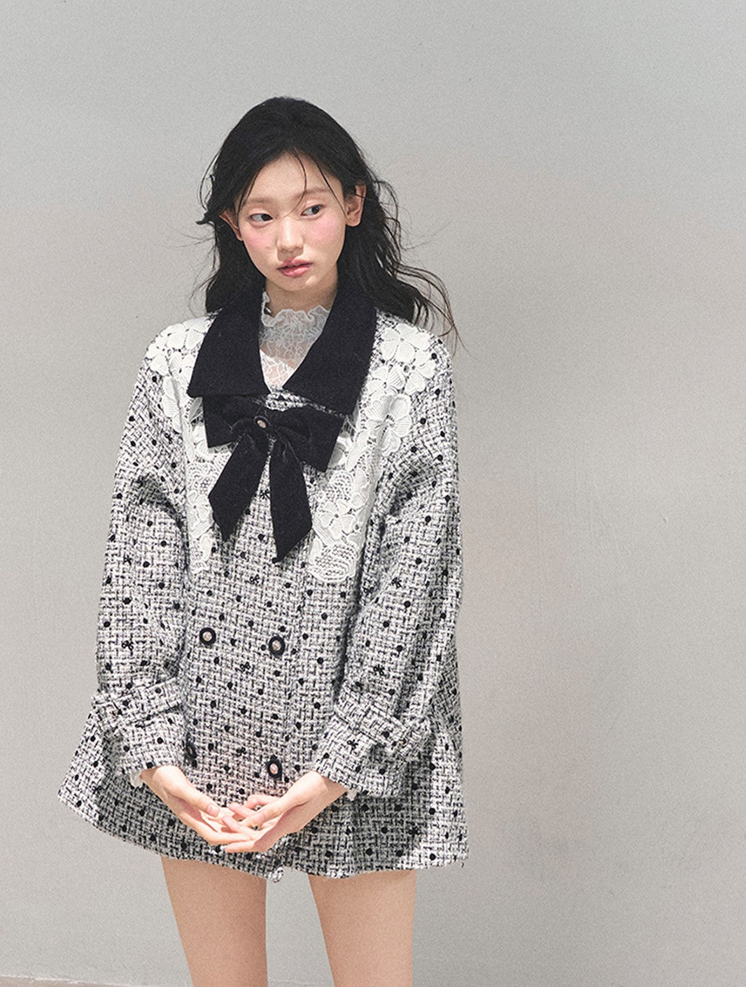 Detachable Bow Lace Plaid Coat DIA0767