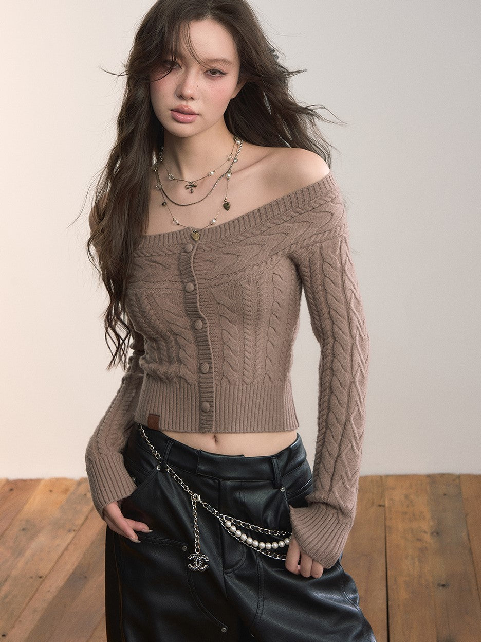 Off-shoulder Round Neck Short Cable Sweater VIA0372