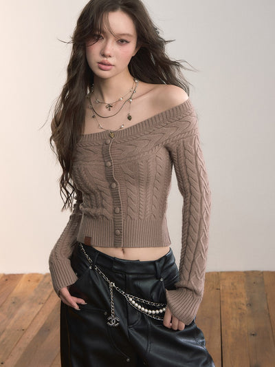 Off-shoulder Round Neck Short Cable Sweater VIA0372