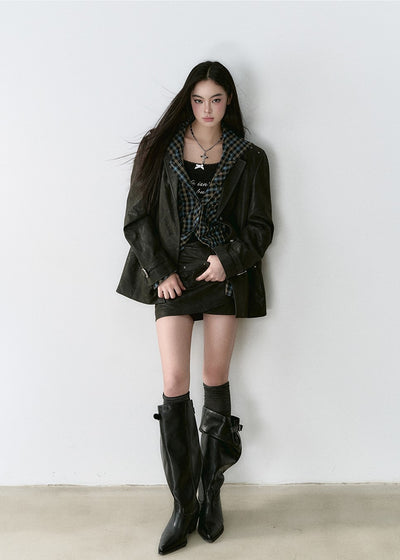 Quilted Leather Suit Retro Loose Jacket VIA0170