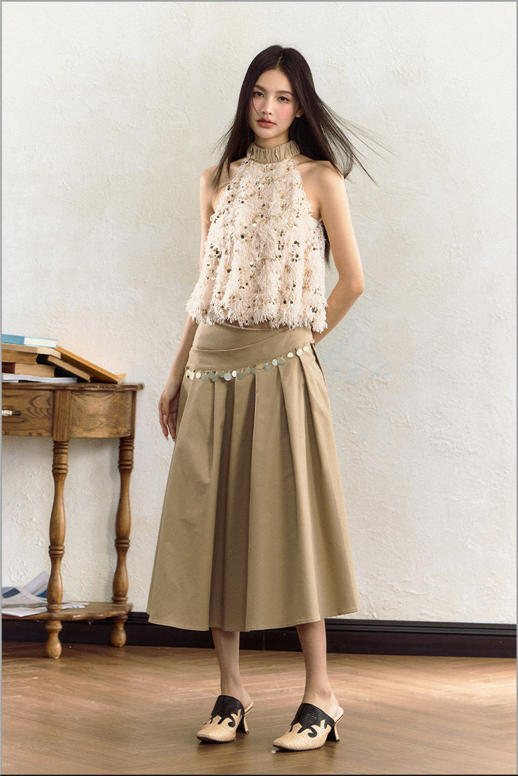 Diagonal Button Sequined Design Pleated Tutu Skirt AGM0057