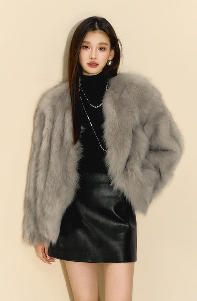 High-grade Gray Fur V-neck Short Coat OSH0085