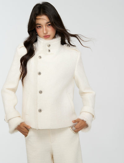 White Furry High-Neck Short Jacket/Scarf 4MU0164