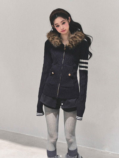 Long-sleeved Hooded Knit Cardigan DIA0665