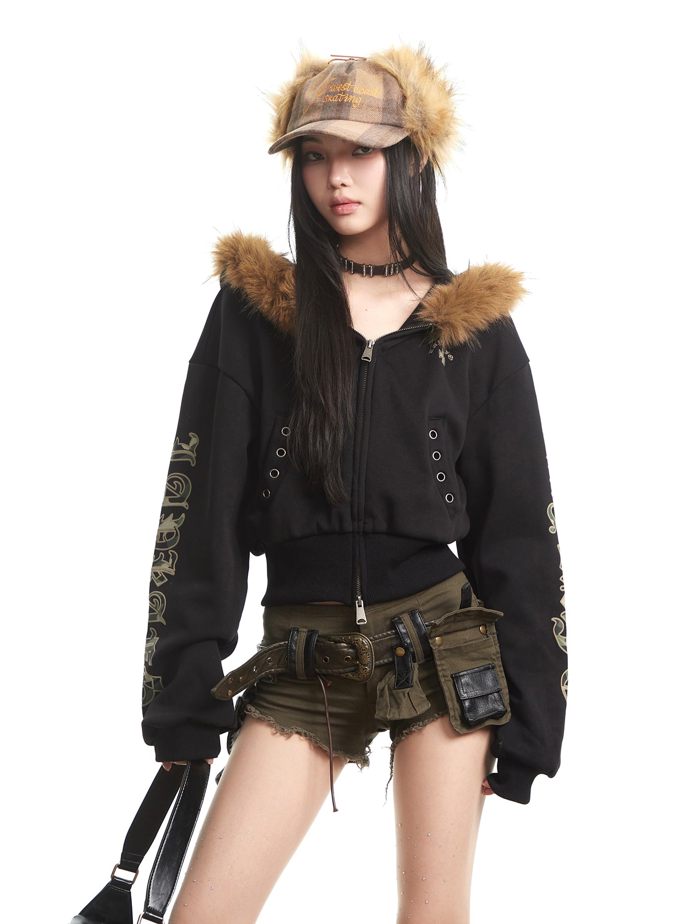 Fur Collar Long-Sleeve Hooded Sweatshirt Jacket UNC0320