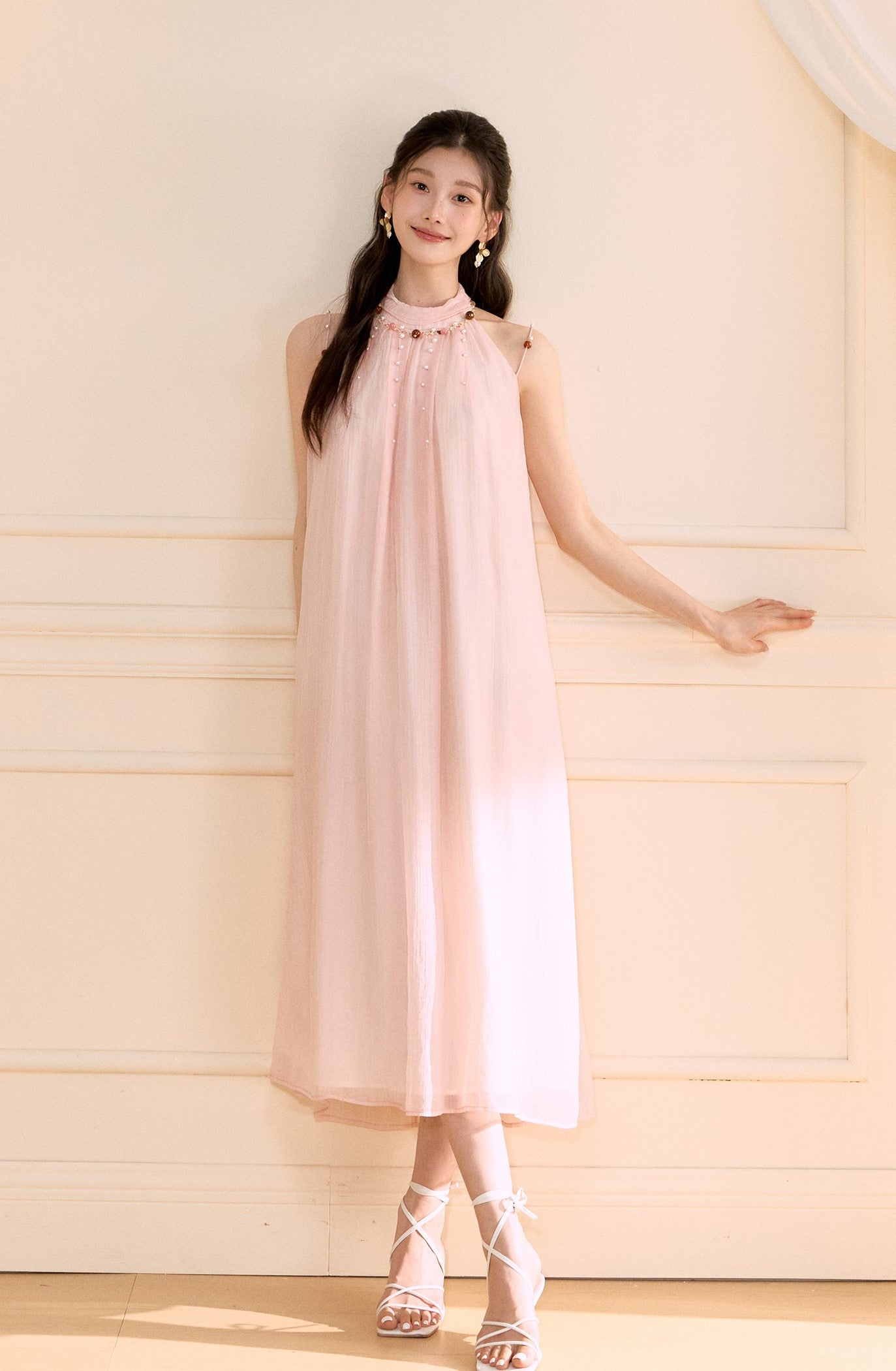 Halter Neck Beaded A-line Long Dress OSH0171