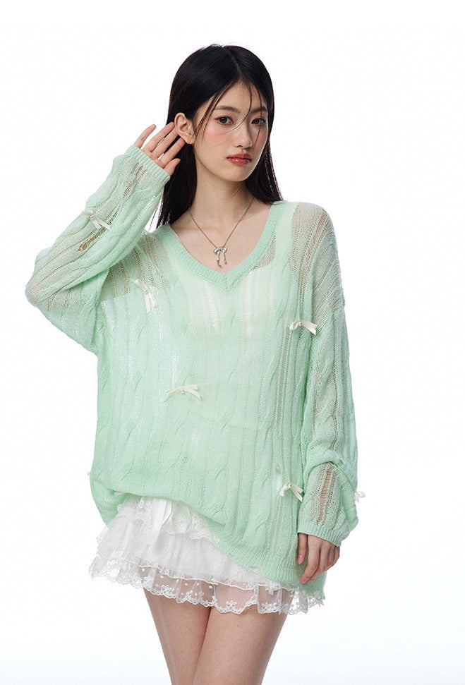 Lazy Style Mint Green Irregular Hollow Bow Knit/Camisole NTO0115