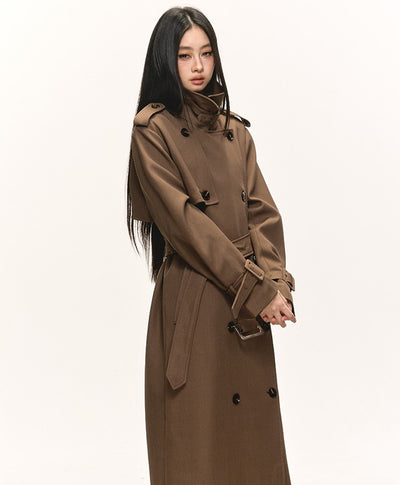 Brown Double-Breasted Long Trench Coat ANA0084