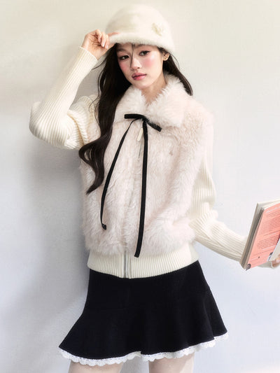 Detachable Bow Collar Faux Fur Knitted Jacket FRA0510