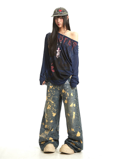 Retro Print Oblique Shoulder T-shirt UNC0289