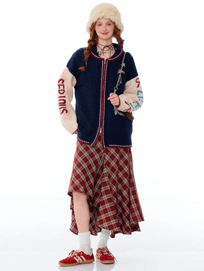 American Style Contrast Color Stitching Letter Soll Collar Rabbit Sweater Cardigan ZIZ0189