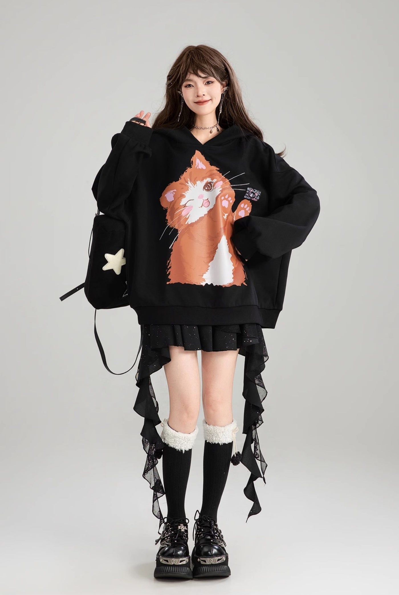 Cat Printed Loose Hooded Black Sweatshirt/Skirt KEI0181