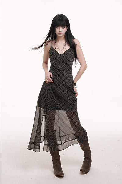 Green Plaid Suspender Dress LAD0173