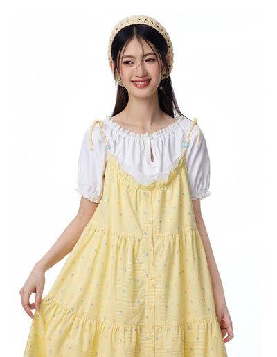 Yellow Dotted Open-front Loose A-line Suspender Dress/White Shirt NTO0090