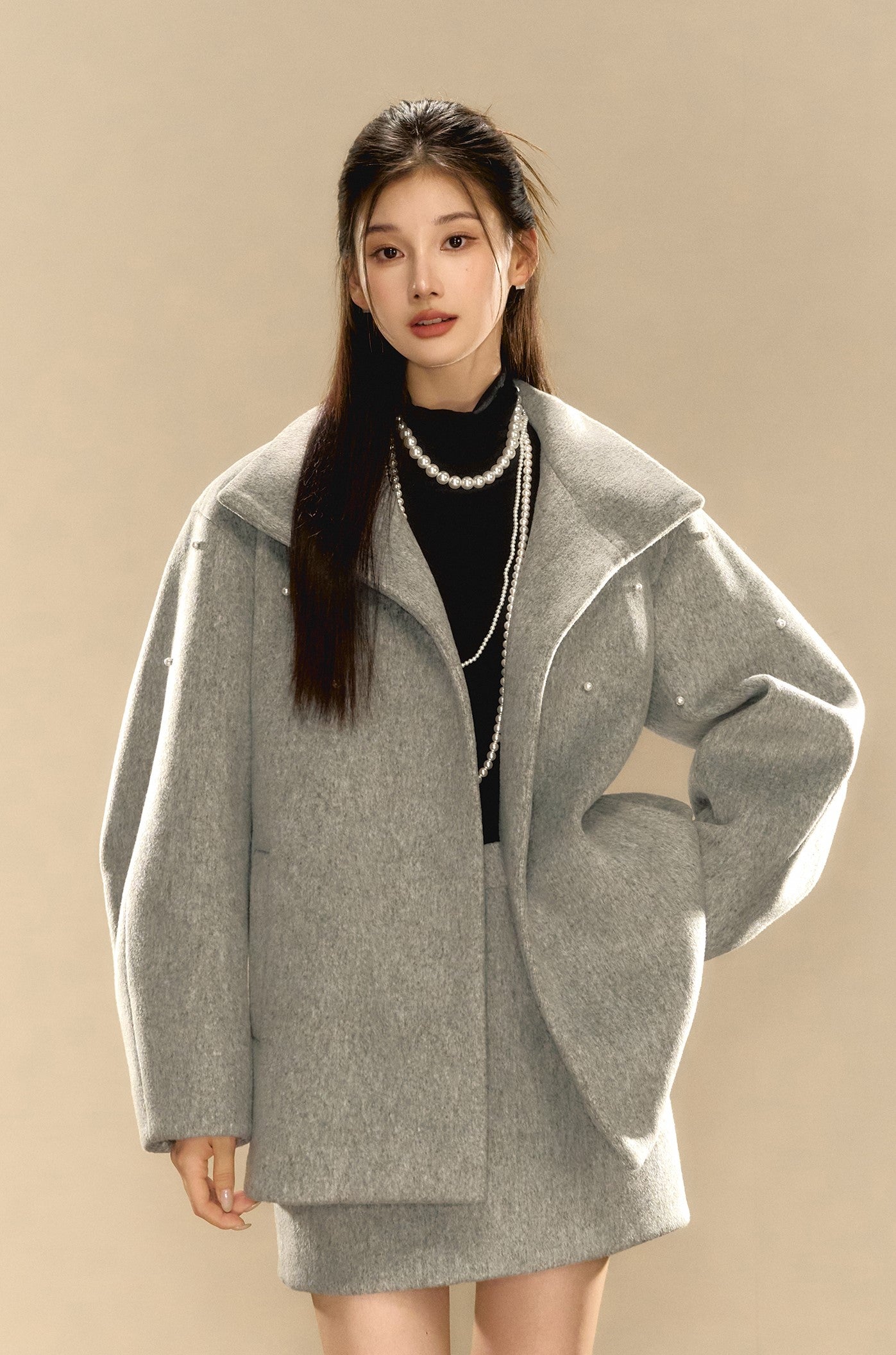 Grey High-end Beaded Loose Wool Jacket/Skirt OSH0088