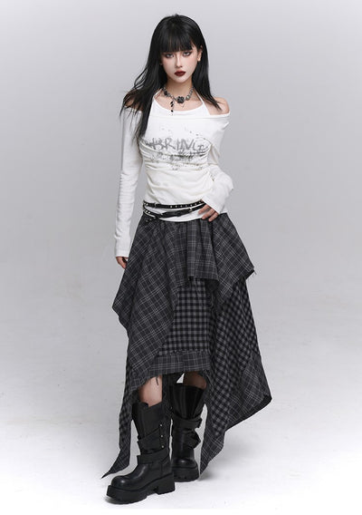 Irregular Hem Plaid Midi Skirt LAD0227