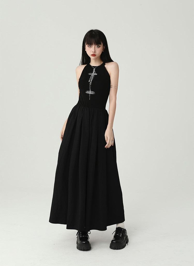 Black Sleeveless Suspender Long Dress LAD0094