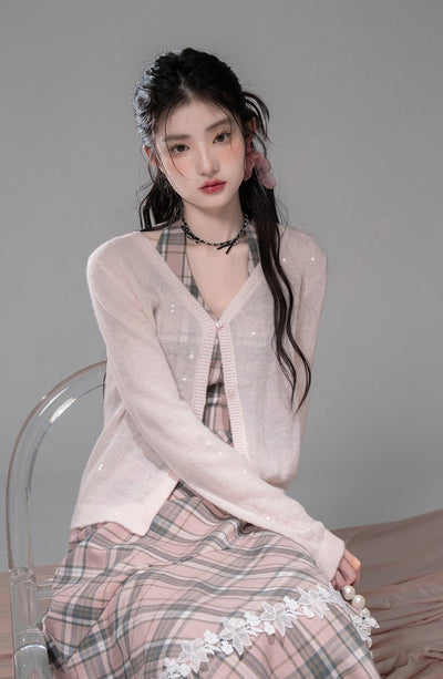Cherry Pink Plaid Halter Neck Dress COT0341