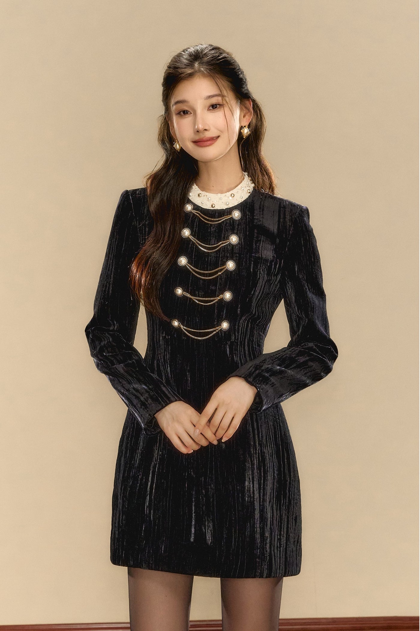 Black Contrast Velvet Exquisite High-end Dress OSH0090