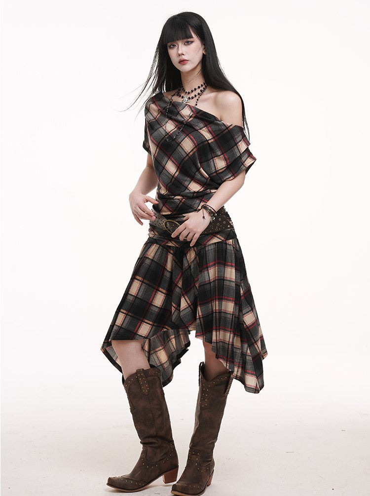 Off-shoulder Plaid Dress LAD0183