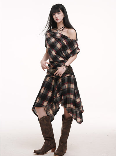 Off-shoulder Plaid Dress LAD0183