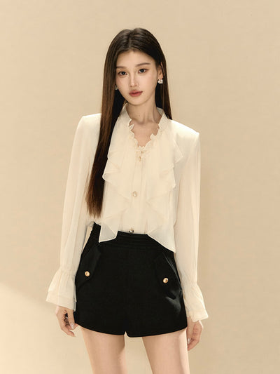 White V-neck Ruffle Shirt OSH0135